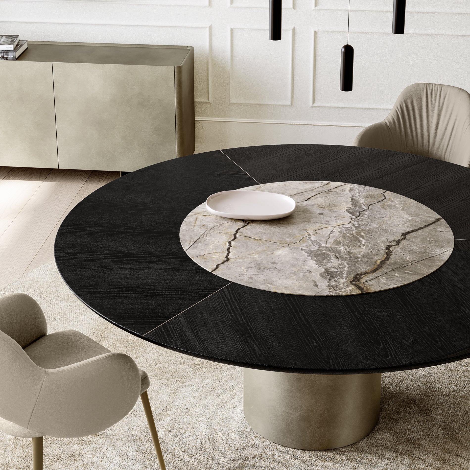 Cilindro Round Dining Table: Wood + Ceramic Top