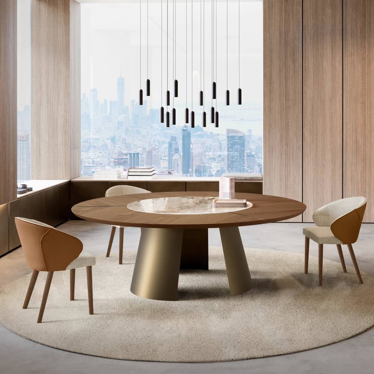 Dorian Dining Table: Wood + Ceramic Top - Swivel Verison