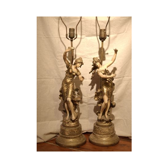 Vintage L & F Moreau French Art Noveau Spelter Lamps